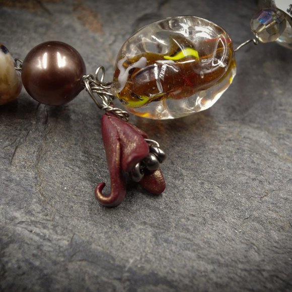 Mixed Lampwork Necklace on Wire with Handmade Polymer Clay Flower - OOAK - Picture 3 of 6
